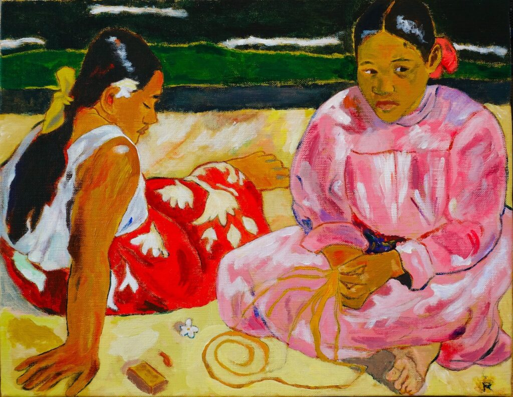 名画の模写・ゴーギャン「浜辺の二人の女」（中２）