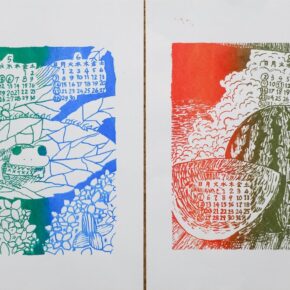 シルクスクリーンのカレンダー2025（左・小６、右・小５）