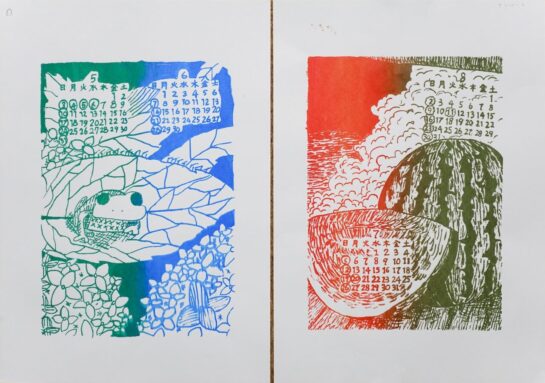 シルクスクリーンのカレンダー2025(左・小6、右・小5)