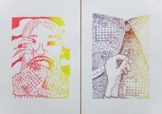 シルクスクリーンのカレンダー2025(左・小4、右・小5)