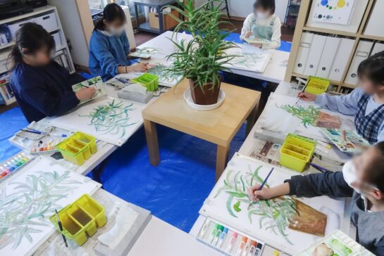 アロエの着彩制作風景５週目(千葉市の子ども絵画教室｜穴川キッズアトリエ・ベアヒェン）