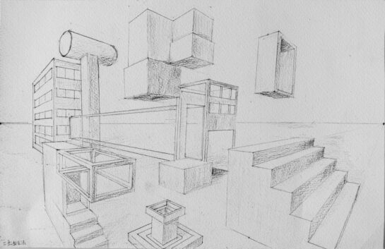 生徒作品「二点透視法」(小6)|千葉市稲毛区の絵画教室 穴川キッズアトリエ・ベアヒェン