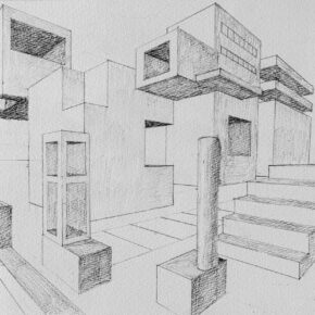生徒作品「二点透視法」（中1）｜千葉市稲毛区の絵画教室 穴川キッズアトリエ・ベアヒェン