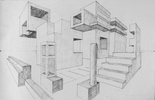 生徒作品「二点透視法」(中1)|千葉市稲毛区の絵画教室 穴川キッズアトリエ・ベアヒェン
