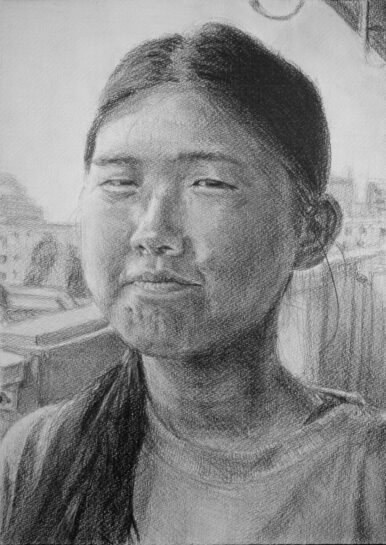 鉛筆デッサン「自画像写真模写」（中３）｜千葉市稲毛区の絵画教室　穴川キッズアトリエ・ベアヒェン