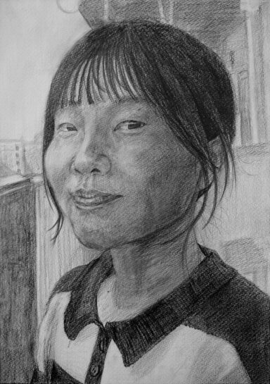鉛筆デッサン「自画像写真模写」（中３）｜千葉市稲毛区の絵画教室　穴川キッズアトリエ・ベアヒェン